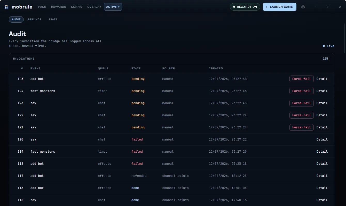 The Audit tab: a live table of invocations with event, queue, state, source, and timestamp columns