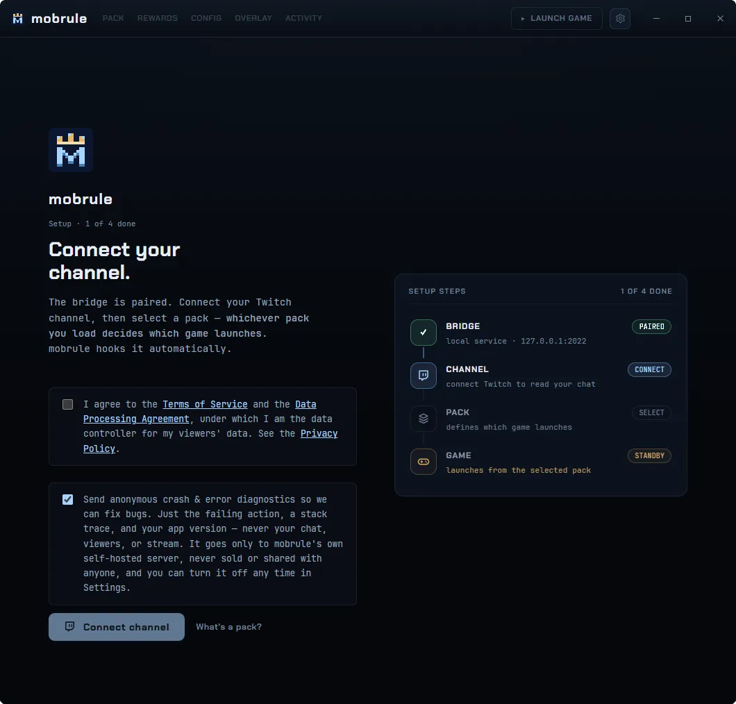 The connect screen: setup progress card on the right, consent checkboxes and a Connect channel button on the left