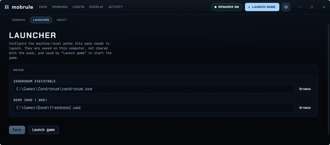 The Launcher panel: one Browse field per declared path and a Launch game button
