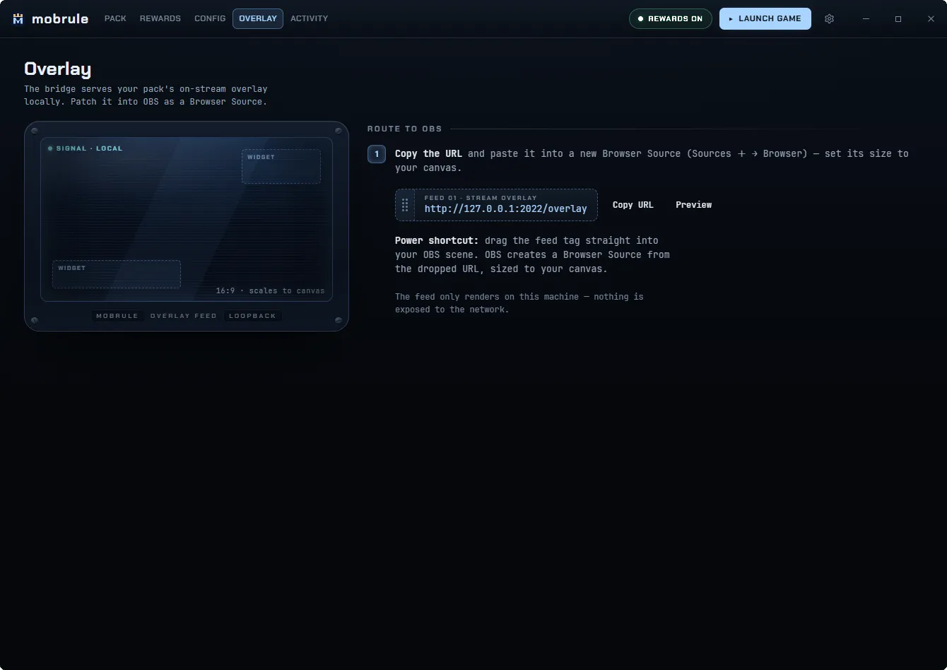 The Overlay tab: the local overlay URL with Copy URL and Preview, and step-by-step OBS routing instructions