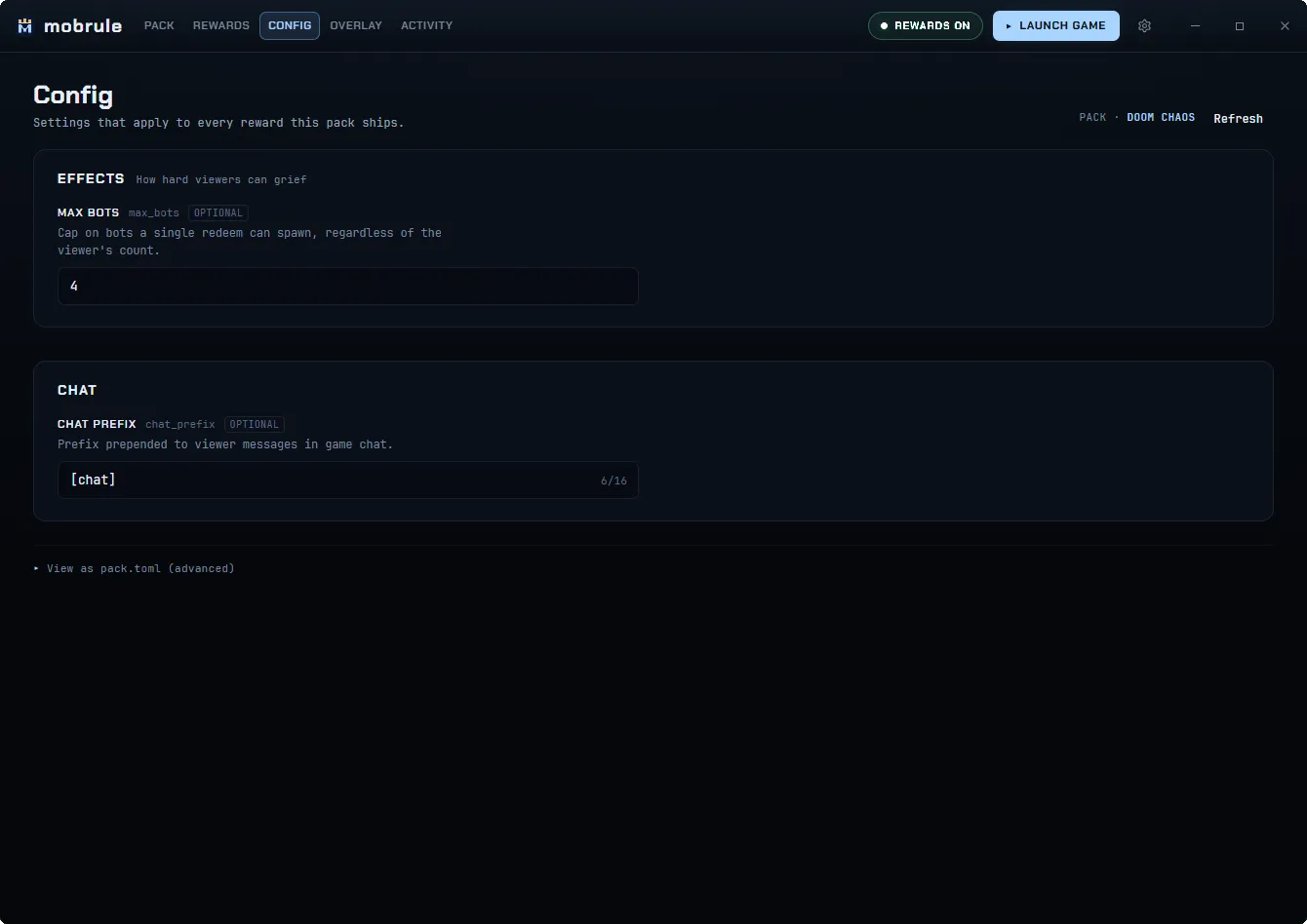 The Config tab: two sections rendered from the pack's declaration, each with labelled fields and inline help text