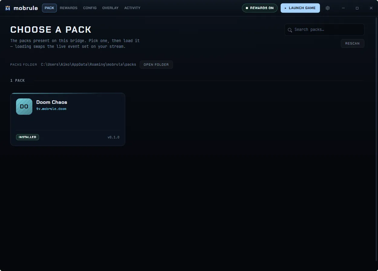 The Pack tab: packs folder path, a Rescan button, and one installed pack card