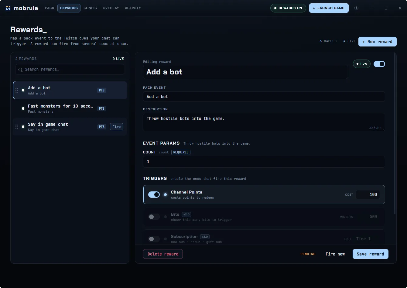 The Rewards tab: reward list on the left, the editor for one reward on the right with event params and channel-point trigger settings