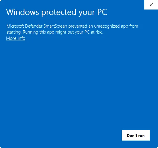 The SmartScreen dialog as it first appears, with a "More info" link under the warning text
