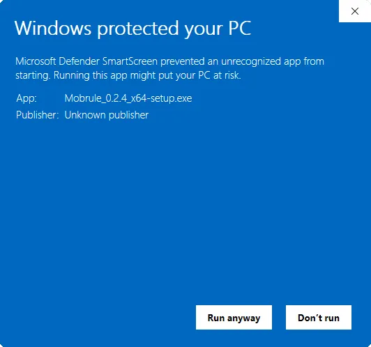 After clicking More info: the dialog names the Mobrule setup exe and an unknown publisher, with a "Run anyway" button